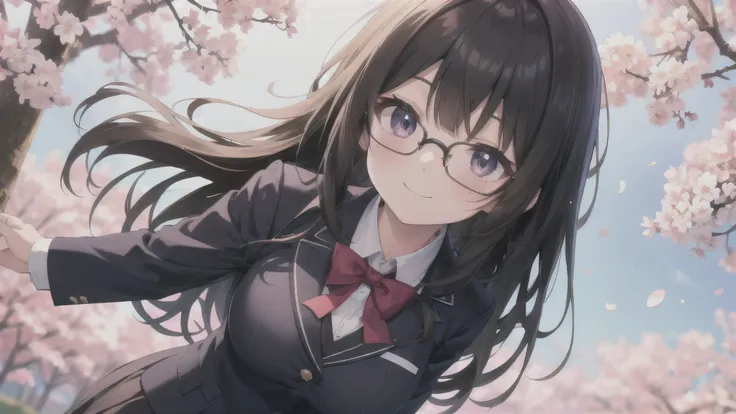 ( best quality、4K、8k、 high resolution、 greatest masterpiece:1.2) angle from above,The Greatest Smile,Cute Anime Girl、 glasses，black hair，LONG HAIR 、solo,high school girl，blazer uniform，Cherry Blossom Festival ,

