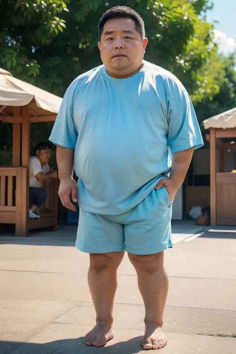 Thick Japan middle-aged man in his 50s, 1man, retarded, Dwarfism, He wears a light blue shorts, Pampers, shirtsless, ((peeing self, wetting self, pee stains,)), ((trembling, fear expression, scared, looking at viewer)), kindergarten background, It's a sunn...