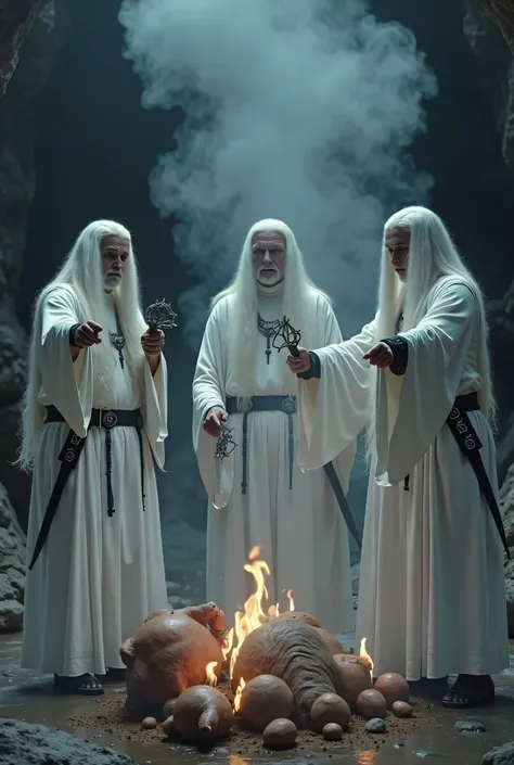 3 Targaryen men with white gair and long traditional white garments and silver rusted accessories sacrificing ritual in a cave with smoke and fire in the surrounding.