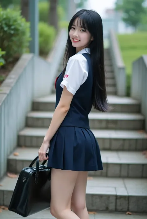 live-action、 stairs、Back view、綺麗なBack view、full body、Turn around a little、前かがみ、Touch the shoes、angle from behind、
high school girl、high school uniform、Short sleeve、Summer、white blouse、navy blue school vest、sleeveless school vest、
navy blue pleated skirt、Mi...