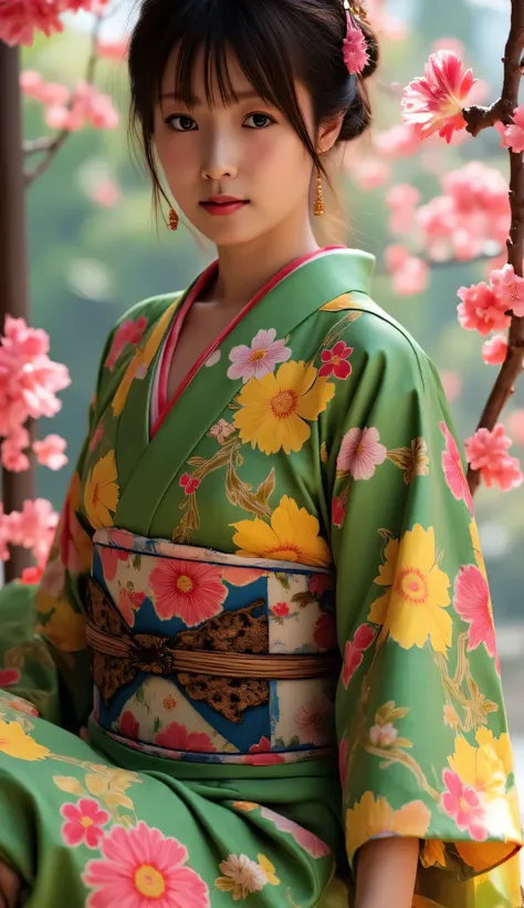 ((live action pics, RAW photos), Goddess of Cherry Blossoms ,from above, 自然光にWrapped女性の精緻な肖像画,exquisite portrait of a woman surrounded by cherry blossom branches,Wrapped Pink Petals,Classy Hairstyle,delicate expression,Wrapped,Surrounded by natural light...