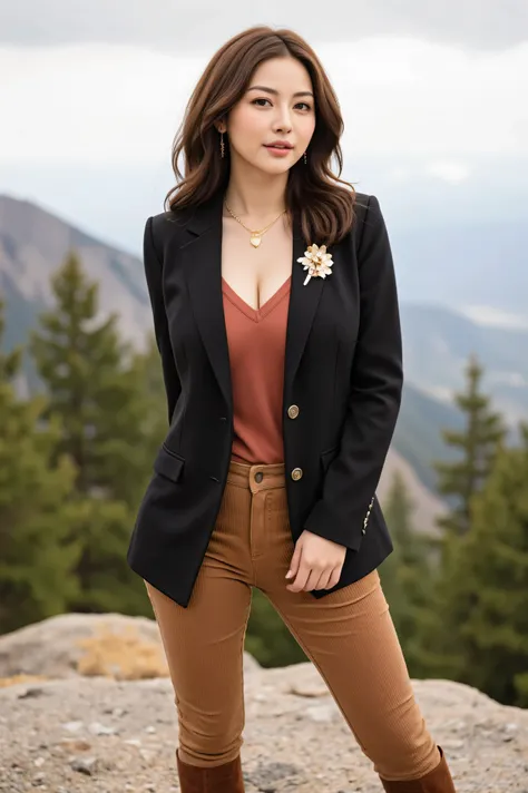 wearing a tailored jacket and v-neck shirt, Women wearing corduroy pants and knee-high boots. add a prominent brooch and layered necklace, Her graceful figure posing at the top of a mountain with a good view、 Gold、long hair、curly hair
