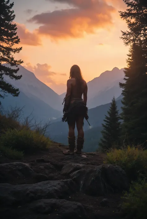 Create a deep, mesmerizing, and intricately detailed forest landscape that transports the viewer back to prehistoric times. Illustrate a prehistoric warrior woman, dressed in rustic clothing made from hides and rope, standing atop a mountain watching the s...