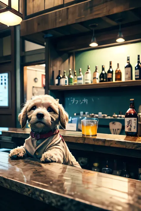 dog is drinking beer at the japanese bar counter、Various kinds of bottles are lined up on the counter、The dog is sitting at the bar counter、