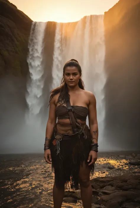 A prehistoric warrior woman at the edge of a waterfall watching the sunset