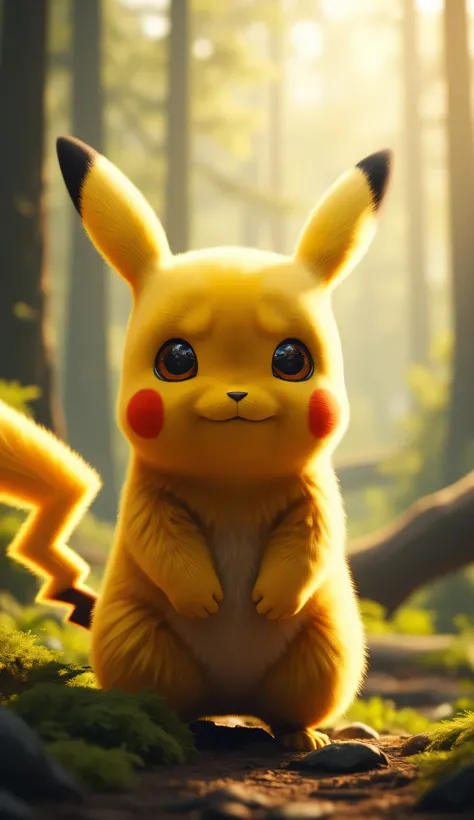 Hyper-realistic Pikachu in a natural forest setting. Its fur is thick and soft, vibrant yellow with glowing electric red cheeks. Its eyes are large, dark, and expressive, with a subtle shine reflecting curiosity. Long black-tipped ears, and its body shaped...