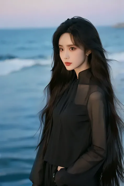 Beautiful Women with Perfect Shapes,Layered Hairstyle,Skin Whitening, long black hair,mesh clothes,stands by the sea