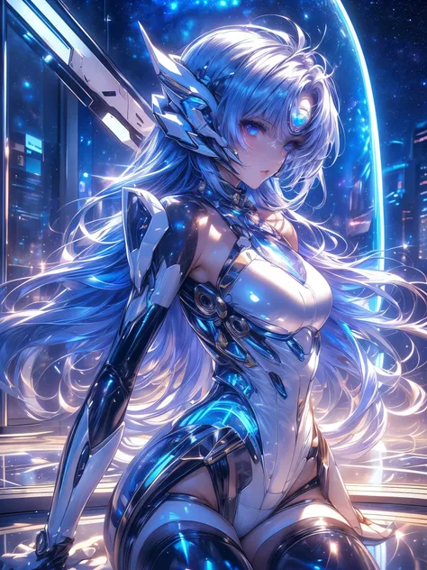 Full KOS-MOS , (( holographic glossy effect)), score_9, score_8_Excellent, score_7_Excellent, 32K ,detailed description 、(( highly detailed CG integration ), CGSoation Trends、 super real, cowboy shot, , very detailed with bubbles顔 、Bluish purpl...