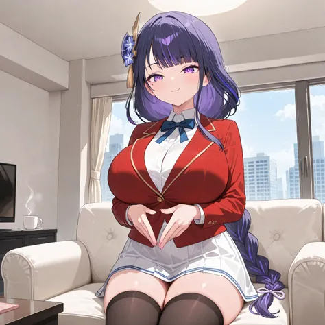 masterpiece, high quality, best quality, very aesthetic, absurd, raiden shogun, braids, long hair, one mole, one mole under the eye, fullblack stocking (zettai ryouiki), purple eyes, purple hair, wearing a red blazer with yellow stripes, blazer, wearing a ...