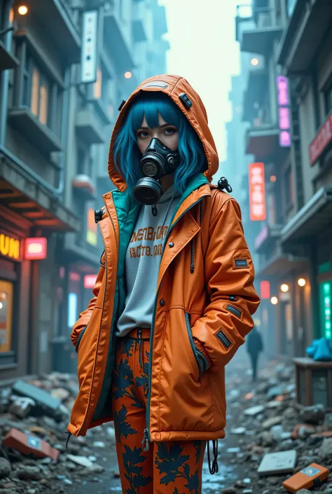 Clothes of the Future　 ( wearing colorful clothes )girl,blue hair , (the ruins of a cyberpunk city after the thermonuclear war, neon), ,detailed face　Wide-leg trousers　large hooded coat　reality　 GAS MASK

