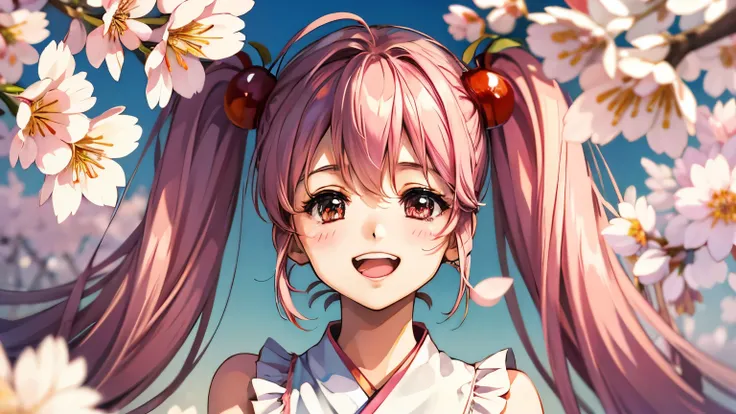 Sakura Miku,high resolution, long hair, look, blushes, smiles, open your mouth, twin tails, best quality, Cherry blossom background