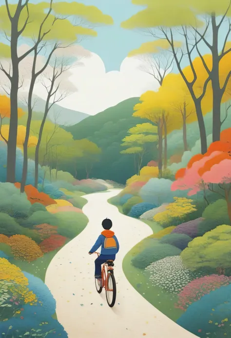 Ryo Takemasa&#39;s style,  Minimalismo ，Boy on the bike, primavera，Colourful woods and meandering paths，Happy rear view