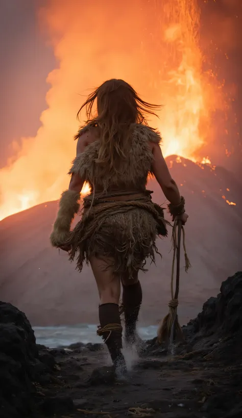 A mature prehistoric Nordic warrior woman in the cave age runs to the side of an erupting volcano, desperate to save herself, she (well dressed) rustically with skins and ropes, in her hand her warrior's spear.