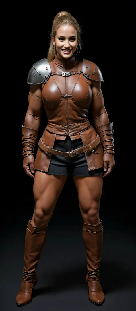 girl in lightweight worn leather armor , cheerful smiling look, Highly detailed, absolutely black background