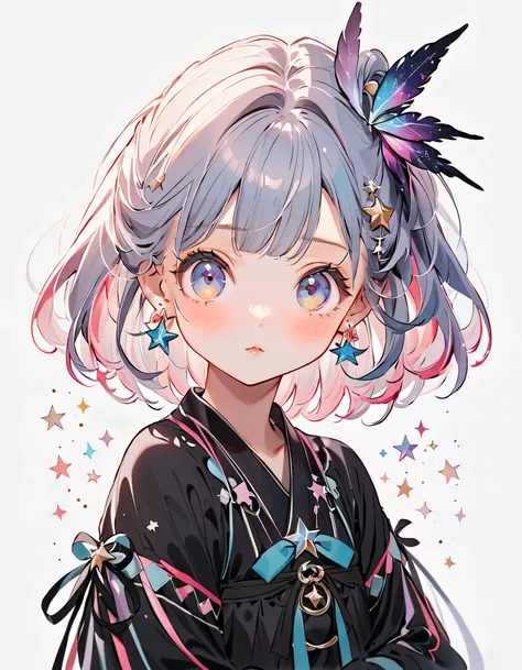  best detail、  best quality、masterpiece、Super Detail、high precision、1 girl，，Blink， （   hair color is milky white and hair tips are blue ）、  cutest girl in the world   ，Wear a colorful and cute gothic kimono costume   ,  Star Fairy ,Wear a colorful and cute...