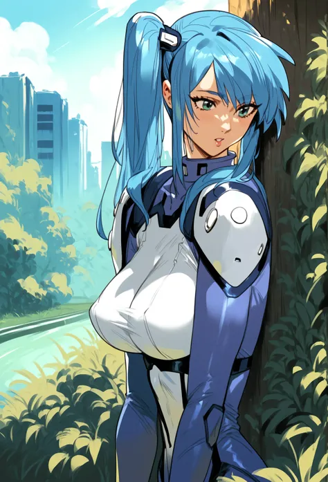 score_9, score_8_up, score_7_up, score_6_up, score_5_up, score_4_up, masterpiece, best quality, BREAK,
1girl, outdoors,  kureham, blue hair female, large breasts, side ponytail, bodysuit, 