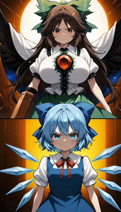 masterpiece, best quality, 2girl, ,reiuji utsuho, 1girl, solo, brown hair, green bow, hair bow, black wings, bird wings, third eye, ,arm cannon, clenched hand,reen skirt, white cape, white shirt, puffy short sleeves,huge breast, vs, Give your images flat e...
