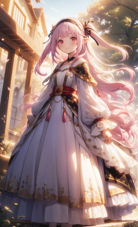 (    masterpiece、top quality、illustration、    very high quality    、HD、   extremely sensitive writing   ) Ahog,Very Long Hair,pink hair,two side up,gradient hair color,colorful hair,Flowing Hair,Hairband, black ribbon,Hair accessories,two side up,Pointed e...