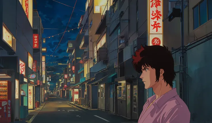 Drawn in 80’s anime art style. 
Retro anime. Vintage Anime. Classical Anime. 

Japanese Street.

The street hums with quiet life, nestled somewhere between sleepy suburb and restless city. Low-rise buildings with neon signs in faded kanji line the sidewalk...