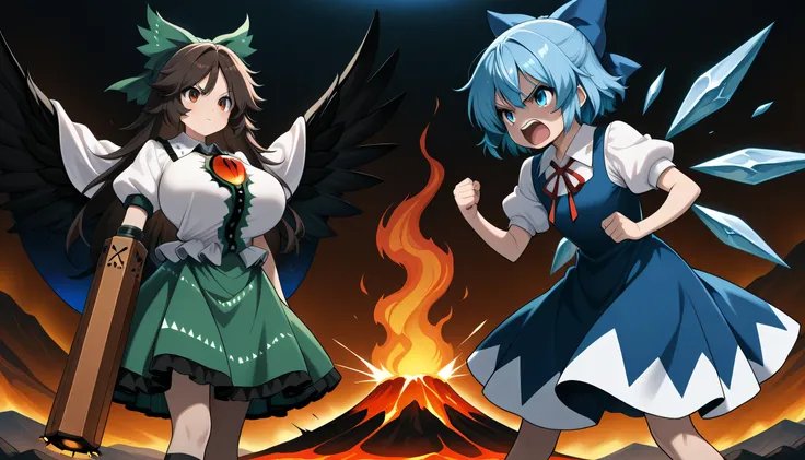 masterpiece, best quality, 2girl, ,reiuji utsuho, 1girl, solo, brown hair, green bow, hair bow, black wings, bird wings, third eye, ,arm cannon, clenched hand,reen skirt, white cape, white shirt, puffy short sleeves,huge breast, vs, Give your images flat e...