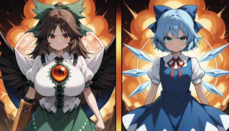 masterpiece, best quality, 2girl, ,reiuji utsuho, 1girl, solo, brown hair, green bow, hair bow, black wings, bird wings, third eye, ,arm cannon, clenched hand,reen skirt, white cape, white shirt, puffy short sleeves,huge breast, vs, Give your images flat e...