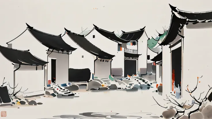 (abstract ink painting:1.5)，author:Wu Guanzhong,author:Wu Guanzhong，Wu Guanzhong的艺术风格，The fusion of Chinese ink painting and modernist aesthetics，Simple yet powerful lines and shapes，minimalist，
