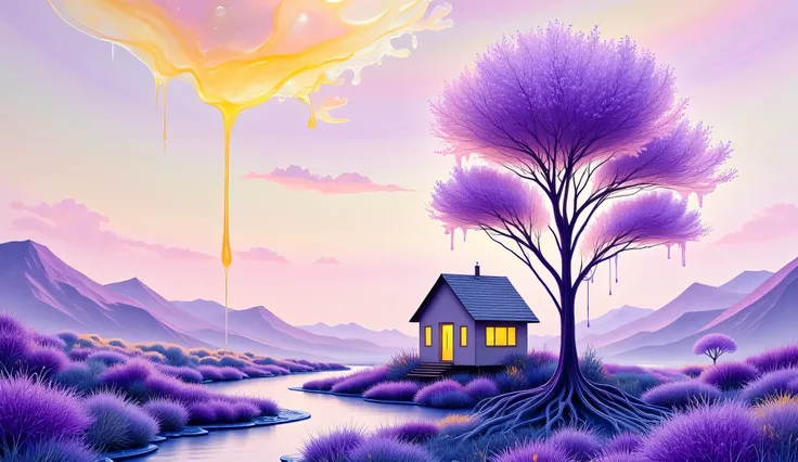 Resin style，Resin material，Resin Art，一幅异想天开的抽象Resin Art，Depicts a small house next to a tree，used、A palette of purple and lilac shades。This artwork is done in watercolor or alcohol ink technique，Smooth lines and splashes of color merge together，Create drea...