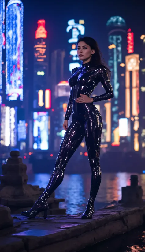 high fashion model in futuristic, elegant female figure, striking pose, dramatic expression, metallic bodysuit, advanced cybernetic implants, floating city skyline, neon holographic displays, advanced technology, cinematic lighting, surreal atmosphere, vib...