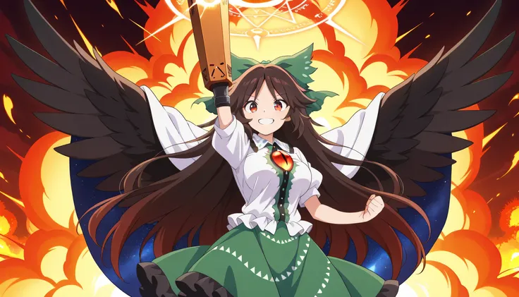 absurdres, highres, masterpiece, best quality, amazing quality, official anime artwork, screencap, anime screencap, dynamic pose, 
  reiuji utsuho, 1girl, solo, brown hair, green bow, hair bow, black wings, bird wings, third eye, medium large breasts,, arm...