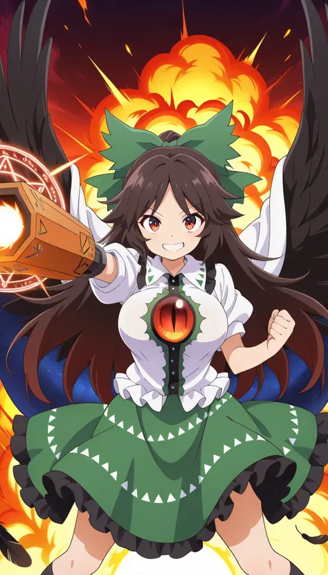 absurdres, highres, masterpiece, best quality, amazing quality, official anime artwork, screencap, anime screencap, dynamic pose, 
  reiuji utsuho, 1girl, solo, brown hair, green bow, hair bow, black wings, bird wings, third eye, medium large breasts,, arm...
