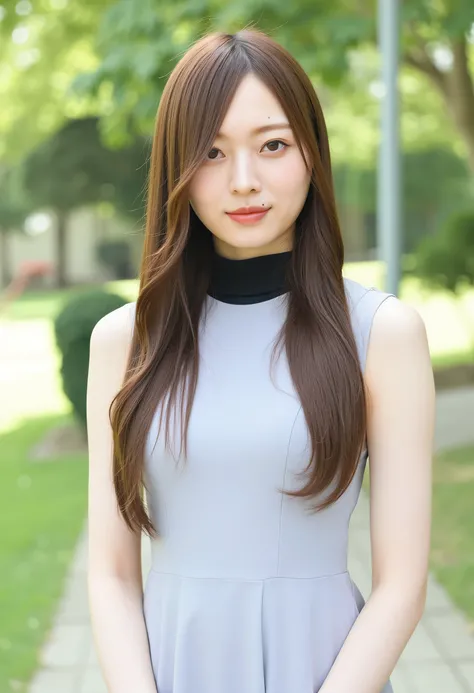 Young Asian Women、A picture of a plum,  long, Straight Brown Hair, Wearing sleeveless, standing outside in natural light in a、黒い裏地付き, light gray dress with black lining .