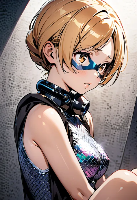 (Highest quality:1.24, Very detailed, Delicate and beautiful CG art, Detailed illustrations, High detail, masterpiece:1.2, Highest quality, Best aesthetics), (((1 Girl))), (Tomoe Mami, Dressed from head to foot in iridescent shimmering chain mail, with scu...