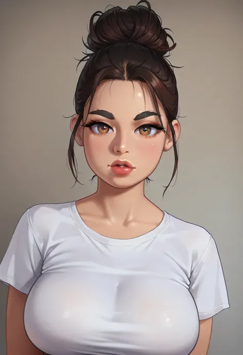 realistic, black bun hair kont top, black eyebrows, thin eyebrows, brown eyes, red thick lips, perfect face, (large breasts:1.3), white t-shirt