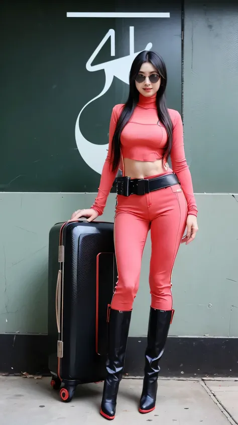 (High quality, masterpieces, Realistic and detailed depiction),  future、cyberfunk、Japanese woman with long black hair、wearing hi-tech suit metal colors、sunglasses、hot pants with a mechanical belt、mechanical long boots integrated with a jet injector、Floatin...