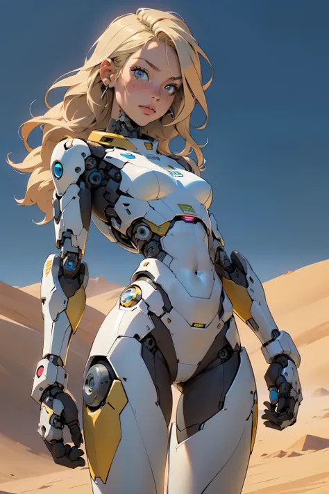 high quality, 4k, masterpiece, beautiful, cyborg girl, cowboy shot, dull eyes, looking at viewer, long blonde hair, girl, small breasts, fit thigh, robotic arms, robotic body, cyborg body, yellow accent, intricate detail, joint, detailed lines, robotic det...