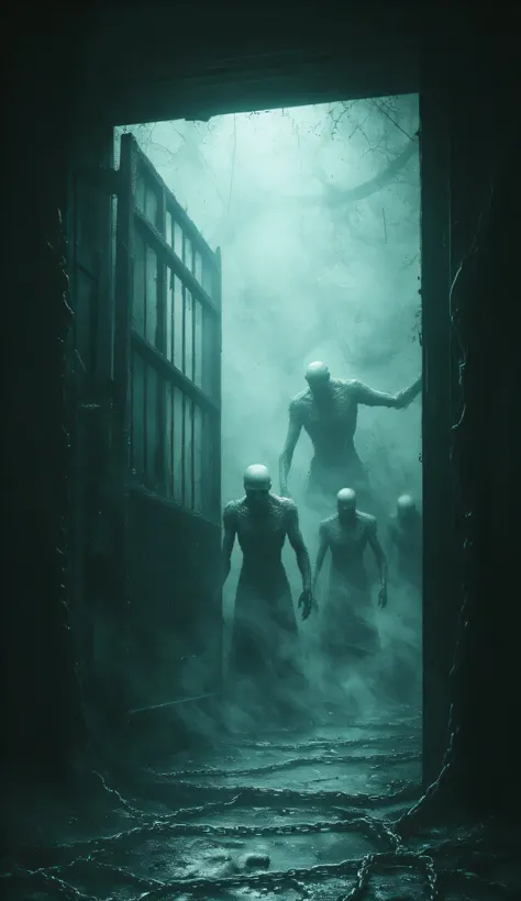 Ghosts lurking at the door of chained confinement , filled with strange fog. In earthly hell. (Dante's Hell)
