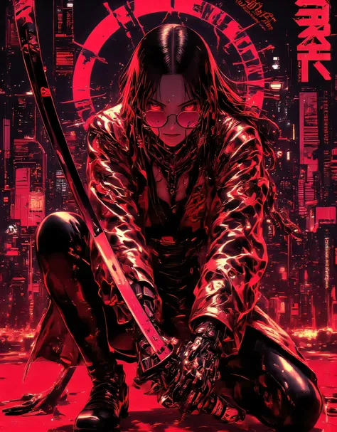 1girl, stylish boots, cybernetic hands, low view, dynamic pose, dragon pattern jacket, katana, intricate cyberpunk cityscape, neon lights, moody atmosphere, dramatic lighting, highly detailed, 8K, photorealistic, professional illustration, cinematic, vivid...