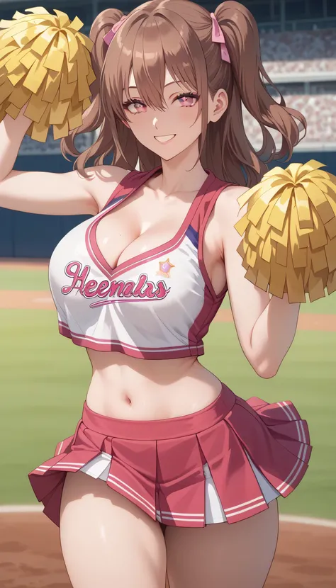 1girl, Solo, KJOmikari, Cheerleader uniform, pom poms, large breasts, cleavage, smile, brown hair, hair between eyes, two side up, pink eyes, seductive eyes, detailed eyes and face, micro skirt, panty peak, thick thighs, medium waist, baseball stadium back...