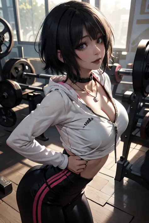 Girl, woman, emo_hairstyle, black lipstick, dog collar, necklace, eyeliner, eye shadow, smoky eyes, realistic lighting, short hair, shiny skin, big breast, black long sleeved zipper top, zipped hoodie, cleavage, adidas pants, tight sports pants, unzipped t...