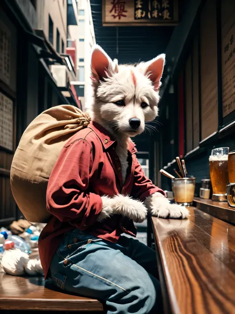 被写体teethフレンチブルドッグ、I'm sitting at a wooden bar, teeth、with a white button-down shirt and a well-knotted dark tie. 雰囲気teeth温かくcozy和風バーの雰囲気を醸し出しています, wearing a formal dark suit、壁の漢字看板と柔らかな環境光を放つ光る赤いペーパーランタンin示されます. a large frothy beer mug sitting at the bar i...