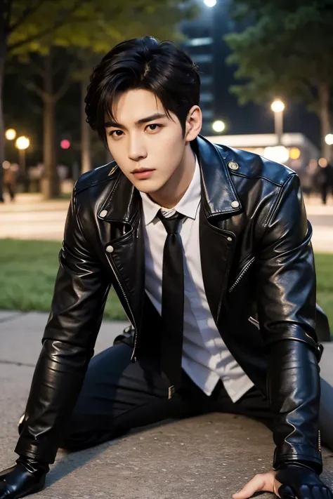 a slim muscular, Full body shot of a handsome K-pop male idol in leather jacket and tie and leather gloves. lean on lie down inside an evening park. tempting.sexy.try to rape.realistic high quality .intricate detail face , ultra high res, uhd. Hyper-realis...