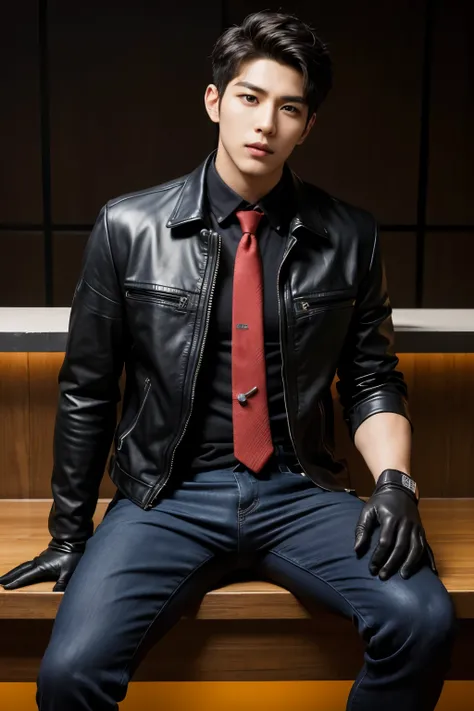 a slim muscular, Full body shot of a handsome K-pop male idol in leather jacket and tie and leather gloves. lean on lie down in hotel room bar. tempting.sexy.try to rape.realistic high quality .intricate detail face , ultra high res, uhd. Hyper-realism. a ...