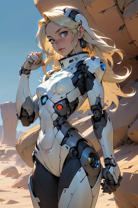 high quality, 4k, masterpiece, beautiful, cyborg girl, cowboy shot, dull eyes, looking at viewer, long blonde hair, girl, small breasts, fit thigh, robotic arms, robotic body, cyborg body, yellow accent, intricate detail, joint, detailed lines, robotic det...