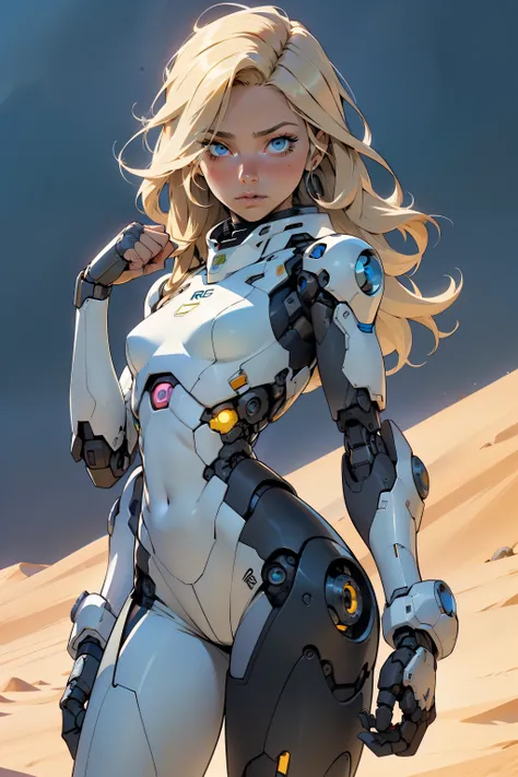 high quality, 4k, masterpiece, beautiful, cyborg girl, cowboy shot, dull eyes, looking at viewer, long blonde hair, girl, small breasts, fit thigh, robotic arms, robotic body, cyborg body, yellow accent, intricate detail, joint, detailed lines, robotic det...