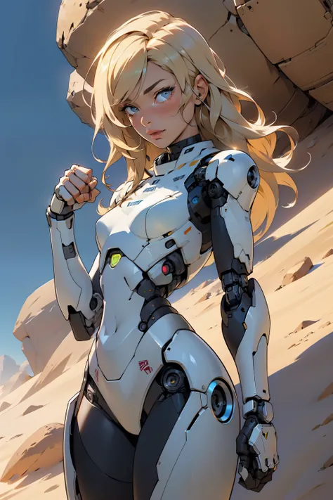 high quality, 4k, masterpiece, beautiful, cyborg girl, cowboy shot, dull eyes, looking at viewer, long blonde hair, girl, small breasts, fit thigh, robotic arms, robotic body, cyborg body, yellow accent, intricate detail, joint, detailed lines, robotic det...