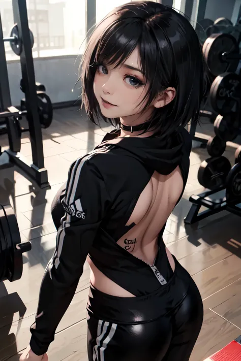Girl, woman, emo_hairstyle, black lipstick, dog collar, necklace, eyeliner, eye shadow, smoky eyes, realistic lighting, short hair, shiny skin, big breast, black long sleeved zipper top, zipped hoodie, cleavage, adidas pants, tight sports pants, unzipped t...