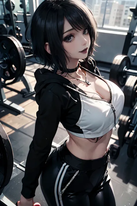 Girl, woman, emo_hairstyle, black lipstick, dog collar, necklace, eyeliner, eye shadow, smoky eyes, realistic lighting, short hair, shiny skin, big breast, black long sleeved zipper top, zipped hoodie, cleavage, adidas pants, tight sports pants, unzipped t...