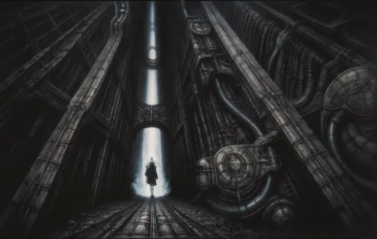 Create a biomechanical surrealist composition in the style of H.R. Giger The image depicts a highly detailed, intricate mechanical structure that is opened criocapsule with a futuristic design, supporting pipes, valves, and complex mechanicals emphasizing...