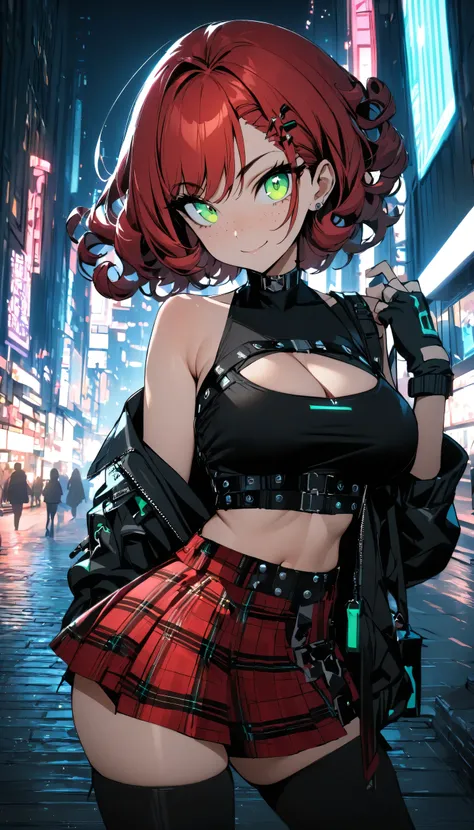 woman, smile, curly red pixie cut hair, green eyes, mascara, wearing crop top black shirt, long black jacket, red plaid skirt, (black knee high boots), black fingerless gloves, exposed shoulders, large breasts, freckles, cleavage, looking at viewer, master...