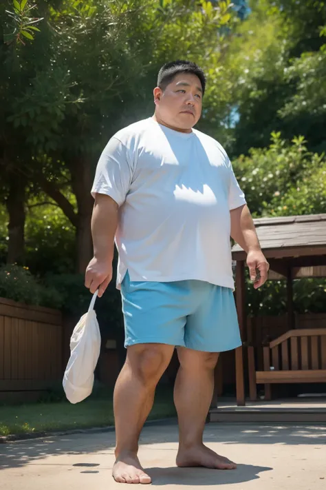 Thick Japan middle-aged man in his 50s, 1man, retarded, Dwarfism, He wears a light blue shorts, Pampers, shirtsless, ((peeing self, wetting self, pee stains,)), ((trembling, fear expression, scared, looking at viewer)), kindergarten background, It's a sunn...